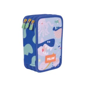 Milan Blue Odyssey Plumier de 3 Pisos con Goma de Borrar - Sacapuntas - Lapiz - 3 Boligrafos - Regla - 12 Lapices de Colores - 6 Lapices de Colores Metalizados - 5 Fluorescentes - Tijeras y 18 Rotuladores - 19.5x13x7.5cm - Multicolor
