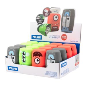 Milan Compact Aliens Expositor con 16 Afilaborras - Goma Miga de Pan - Regular y Maxi - Deposito Integrado - Cuchilla de Acero de Seguridad - Colores Surtidos