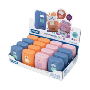 Milan Compact Fun Animals Expositor con 16 Gomas de Borrar con Cepillo - Colores Surtidos