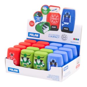 Milan Compact Vikings Expositor con 16 Afilaborras - Goma Miga de Pan - Regular y Maxi - Deposito Integrado - Cuchilla de Acero de Seguridad - Color Rojo