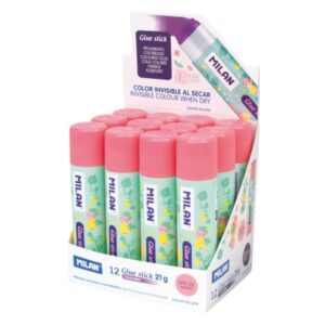 Milan Fairy Tale Expositor con 12 Barras de Pegamento 21g - Multiusos - Multisuperficies - Sin Disolventes - Uso Escolar - Color Rosa