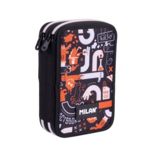 Milan Fingers Plumier de 2 Pisos con Regla - Sacapuntas - Gomas de Borrar - Lapices de Grafito y de Colores - Rotuladores - Boligrafo Azul - 19.5x13x5cm - Color Naranja