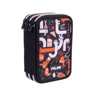 Milan Fingers Plumier de 3 Pisos con Goma de Borrar - Sacapuntas - Lapiz - 3 Boligrafos - Regla - 12 Lapices de Colores - 6 Lapices de Colores Metalizados - 5 Fluorescentes - Tijeras y 18 Rotuladores - 19.5x13x7.5cm - Color Naranja