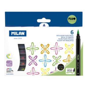 Milan Fluo Pack de 6 Rotuladores Punta Pincel Colores Fluo - Tinta al Agua - Punta de Pincel 0.5 a 6mm - Colores Fluorescentes Surtidos