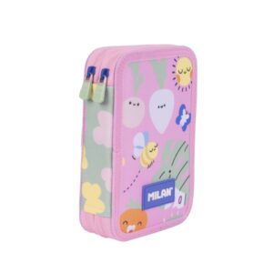 Milan Green and Grow Plumier de 2 Pisos con Regla - Sacapuntas - Gomas de Borrar - Lapices de Grafito y de Colores - Rotuladores - Boligrafo Azul - 19.5x13x5cm - Multicolor