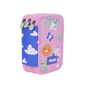 Milan Green and Grow Plumier de 3 Pisos con Goma de Borrar - Sacapuntas - Lapiz - 3 Boligrafos - Regla - 12 Lapices de Colores - 6 Lapices de Colores Metalizados - 5 Fluorescentes - Tijeras y 18 Rotuladores - 19.5x13x7.5cm - Multicolor