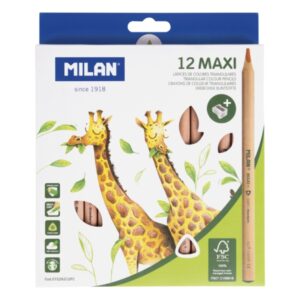 Milan Maxi Pack de 12 Lapices de Colores - Madera Certificada FSC - Incluye Sacapuntas - Triangulares - Colores Surtidos