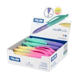 Milan Mini P1 Sunset Expositor con 24 Boligrafos de Bola Retractiles - Punta Redonda 1mm - Tinta Azul - Colores Surtidos