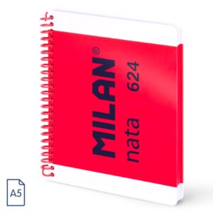 Milan Nata 624 Cuaderno A5 con Espiral - Cuadriculado - 80 Hojas de 95Gr - Tapa Dura - Color Rosa
