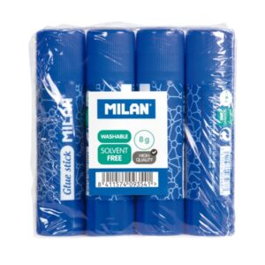 Milan Pack 4 Barras de Pegamento 8 g - Multiusos - Multisuperficies - Sin Disolventes - Uso Escolar - Color Azul