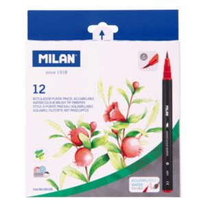 Milan Pack de 12 Rotuladores Acuarelables - Tinta al Agua - Punta de Pincel 0.5 a 6mm - Colores Surtidos