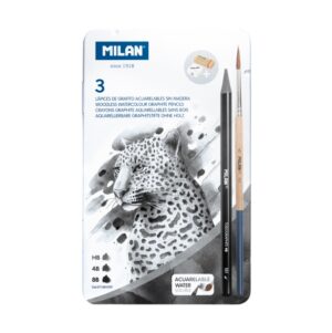 Milan Pack de 3 Lapices de Grafito Acuarelables Surtidos + Sacapuntas + Goma de Borrar + Pincel - Caja Metalica - Bandeja Interior - Color Gris Oscuro