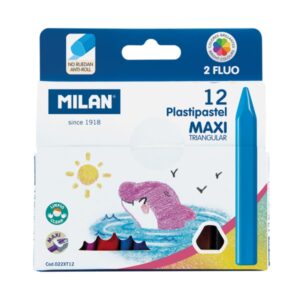 Milan Pastipastel Maxi Pack de 12 Ceras de Colores Triangulares - Contiene 2 Ceras Fluo - Colores Surtidos