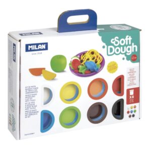 Milan Soft Dough Pack de 8 Botes de Pasta Blanda - Maletin con Herramientas - 59g por Unidad - 100% Vegetal - Moldeable - Sin Residuos - Colores Mezclables - Tematica Alimentos