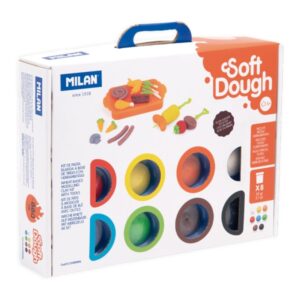 Milan Soft Dough Pack de 8 Botes de Pasta Blanda - Maletin con Herramientas - 59g por Unidad - 100% Vegetal - Moldeable - Sin Residuos - Colores Mezclables - Tematica Barbacoa