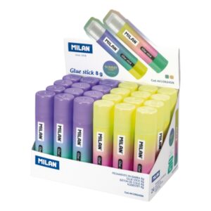 Milan Sunset Expositor con 24 Barras de Pegamento 8g - Multiusos - Multisuperficies - Sin Disolventes - Uso Escolar - Colores Surtidos