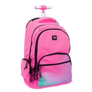 Milan Sunset Mochila Escolar 25L con Carro Integrado y Mango Metalico Retractil - 3 Bolsillos Delanteros - 2 Bolsillos Laterales - 6 Cremalleras - 46.5x30x17cm - Color Rosa