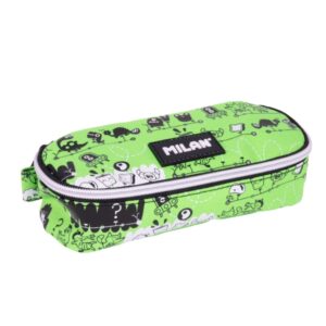 Milan Tandem 2 Estuche Portatodo - Ovalado - Cierre con Cremallera - Malla Interior - 20.5x9x5.5cm - Color Verde