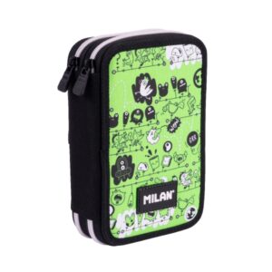 Milan Tandem 2 Plumier de 2 Pisos con Regla - Sacapuntas - Gomas de Borrar - Lapices de Grafito y de Colores - Rotuladores - Boligrafo Azul - 19.5x13x5cm - Color Verde