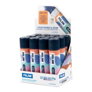 Milan The Fun Expositor con 12 Barras de Pegamento 21g - Multiusos - Multisuperficies - Sin Disolventes - Uso Escolar - Multicolor