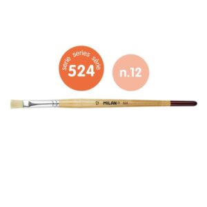 Milan 524 Pack de 6 Pinceles Planos Numero 12 - Bolsa con Colgador - Cerda Natural - Mango Corto - Color Madera Claro