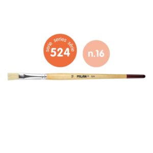 Milan 524 Pack de 6 Pinceles Planos Numero 16 - Bolsa con Colgador - Cerda Natural - Mango Corto - Color Madera Claro