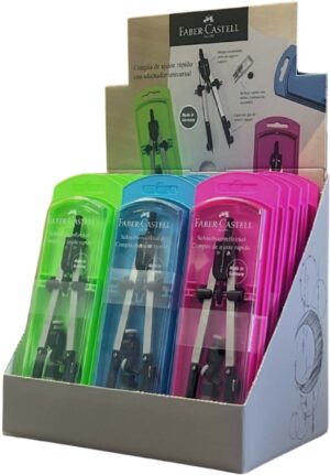 Faber-Castell Expositor de 15 Compases de Ajuste con Tornillo Central - Articulaciones en ambos Brazos - Adaptador Universal - Bote con Minas