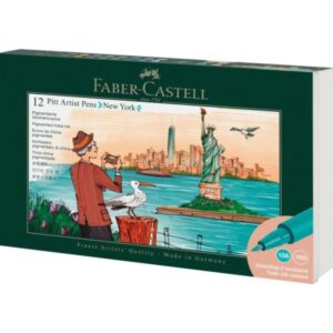 Faber-Castell Pitt Artist Pen Brush City Collection New York Estuche con 12 Rotuladores Punta Pincel - Tinta Pigmentada - Alta Resistencia a la Luz - No Traspasa el Papel - Colores Surtidos