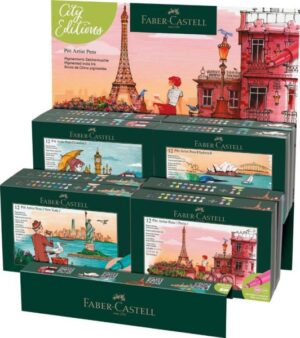 Faber-Castell Pitt Artist Pen Brush City Collection Expositor con 8 Estuches con 12 Rotuladores Punta Pincel - Tinta Pigmentada - Alta Resistencia a la Luz - No Traspasa el Papel - Colores Surtidos