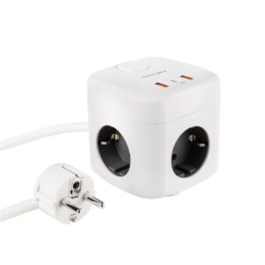 Nanocable Base de 3 Enchufes Schuko + 2x USB-A y 1x USB-C con Interruptor - Tecnologia GaN, PPS y PD 20W - Cable de 1.40m - Color Blanco
