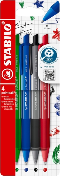 Stabilo Pointball Colorful Pack de 4 Boligrafos Retractiles - Trazo 0.5mm - Hechos con 87% Bioplastico - Grip Antideslizante - Recargables - Colores Surtidos
