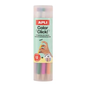 Apli Color Clik Pack de 12 Portaminas con Minas de Colores 2.6mm + 12 Recambios + 1 Sacapuntas - Forma Redonda - Colores Surtidos