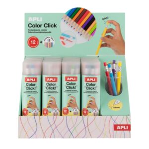 Apli Color Clik Expositor con 12 Pack de 12 Portaminas con Minas de Colores 2.6mm + 12 Recambios + 1 Sacapuntas - Forma Redonda - Colores Surtidos