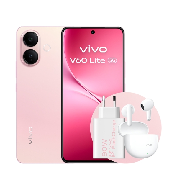 Vivo V60 Lite 5G Smartphone Pantalla 6.77" - 120Hz - 8GB - 256GB - Camara 50Mp - Bateria 6500mAh - Admite Carga de 90W - Color Rosa + Cargador y Auriculares