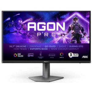 AOC AGON PRO AG276QZD2 Monitor 26.7" QD-OLED QHD 240Hz HDR400 - Respuesta 0.03ms - Altavoces 10W - Ajustable en Altura, Inclinacion y Rotacion - HDMI, DisplayPort, USB - VESA 100x100mm - Color Negro