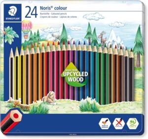 Staedtler Noris Colour 185 Caja Metalica con 24 Lapices Hexagonales de Colores - Fabricados en Wopex - Muy Resistentes - Madera de Fuentes Sostenibles - Colores Surtidos