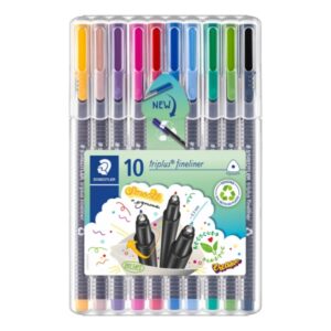 Staedtler Triplus Fineliner 334 Pack de 10 Rotuladores de Punta Fina - Trazo 0.3 mm aprox. - Tinta Base de Agua - 97% de Plastico Reciclado - Colores Surtidos