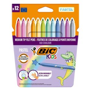 Bic Kids Couleur Pastel Pack de 12 Rotuladores - Punta Mediana - Lavable - Colores Pastel Surtidos