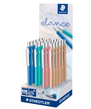 Staedtler Elance Expositor con 20 Boligrafos Retractiles - Tinta Azul - Ancho de Linea M - Colores Surtidos