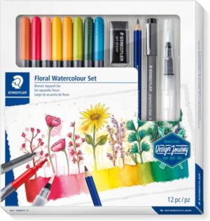 Staedtler Floral Watercolour Set Design Journey Pack con 8 Rotuladores Acuarelables Doble Punta en Colores Surtidos, 1 Rotulador Pigment Liner Negro, Lapiz Mars Lumograph Aquarell, Borrador Artistico y Pincel Medio