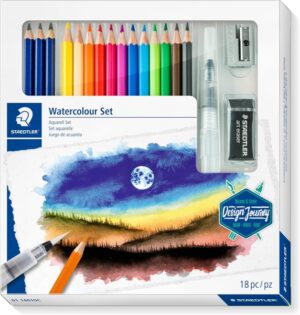 Staedtler Watercolour Set Design Journey Pack con 12 Lapices de Colores Surtidos Acuarelables, 3 Lapices Mars Lumograph Acuarelables, Borrador Artistico, Pincel Medio y Afilalapices