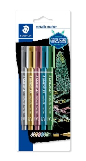 Staedtler Metallic Pen Pack de 5 Rotuladores de Punta Fina - Trazo 1 - 2mm - Tinta Base de Agua - Colores Surtidos