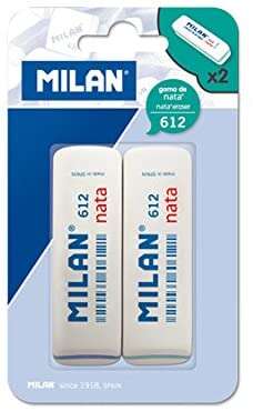 Milan Nata 612 Pack de 2 Gomas de Borrar Biseladas - Plastico - Suave - No Abrasiva - Color Blanco