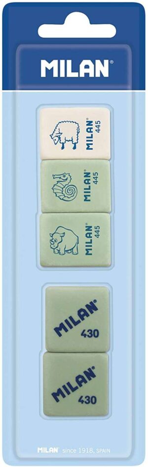 Milan Pack de 5 Gomas de Borrar, 3xGomas 445 Nata Rectangulares + 2xGomas 430 Cuadradas - Miga de pan - Caucho Suave Sintetico - Colores Surtidos