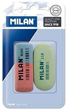 Milan Pack de 2 Gomas de Borrar, 1xGoma 8020 Biselada Doble Intensidad + 1xGoma 118 Ovalada - Caucho Sintetico - Para toda Clase de Papeles - Colores Surtidos
