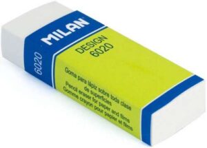 Milan Nata 6020 Goma de Borrar para Dibujo Rectangular - Plastico - Faja de Carton Verde - Envuelta Individualmente - Color Blanco