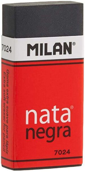 Milan Nata 7024 Goma de Borrar Rectangular - Plastico - Faja de Carton Roja - Envuelta Individualmente - Extra Suave - Color Negro