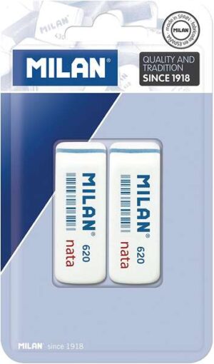 Milan Nata 620 Pack de 2 Gomas de Borrar Biseladas - Plastico - Suave - No Abrasiva - Color Blanco