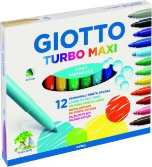 Giotto Turbo Maxi Pack de 12 Rotuladores - Punta Gruesa  5mm - Tinta al Agua - Lavable - Colores Surtidos