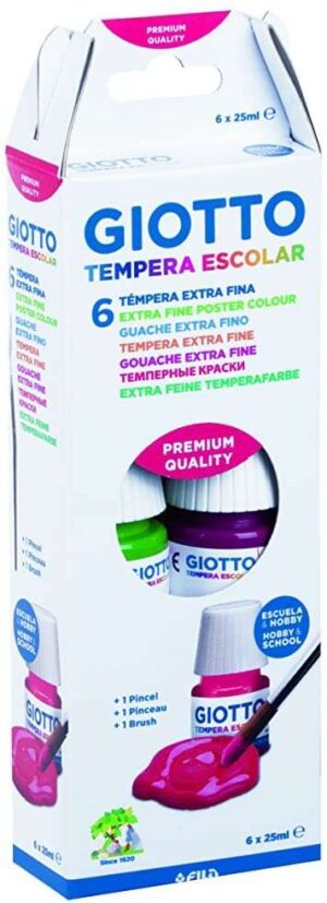 Giotto Tempera Pack de 6 Botes de 25 ml. + Pincel - Base Agua - Excelente Cobertura - Colores Surtidos
